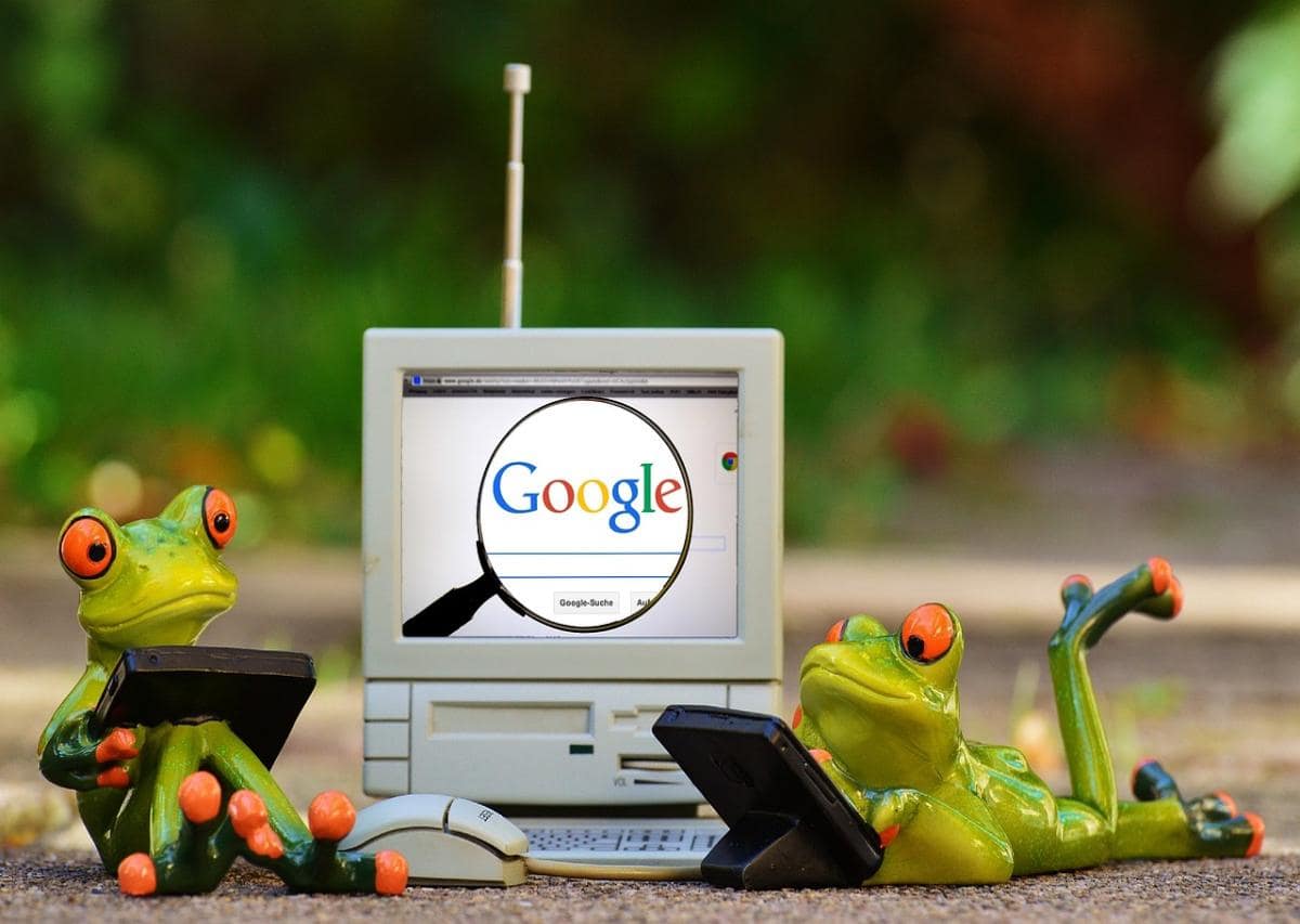 Two green frogs doing a keyword research on Google