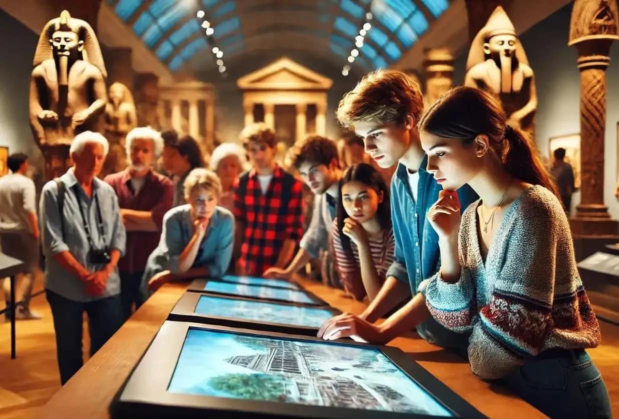 Visitors engaging with interactive digital displays in a museum, illustrating the importance of SEO for museums in attracting and educating audiences.