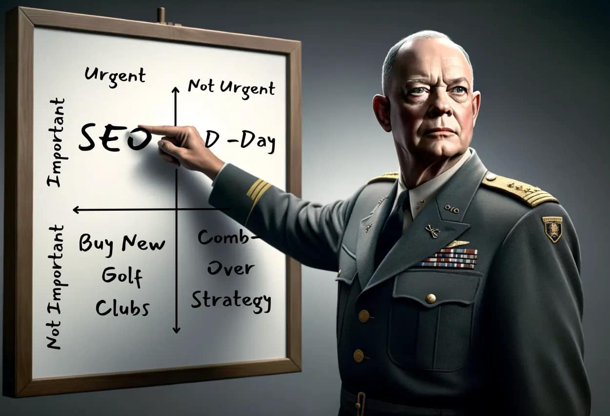 AI generated Dwight Eisenhower using his natrix to prioritize SEO tasks, highlighting the importance of strategic planning in SEO campaigns