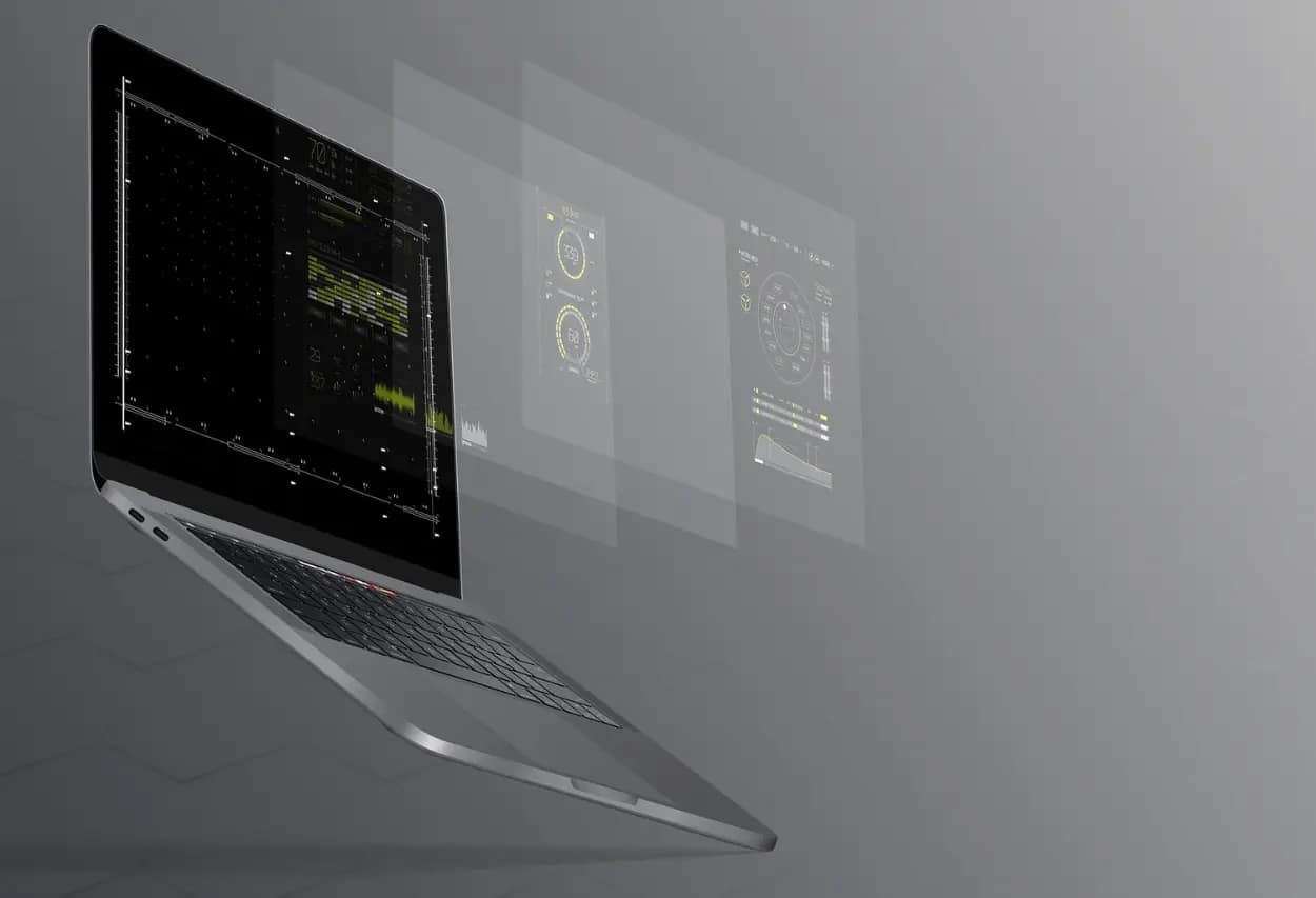 Futuristic laptop displaying holographic SEO analytics, symbolizing advanced SEO audit and strategy planning.
