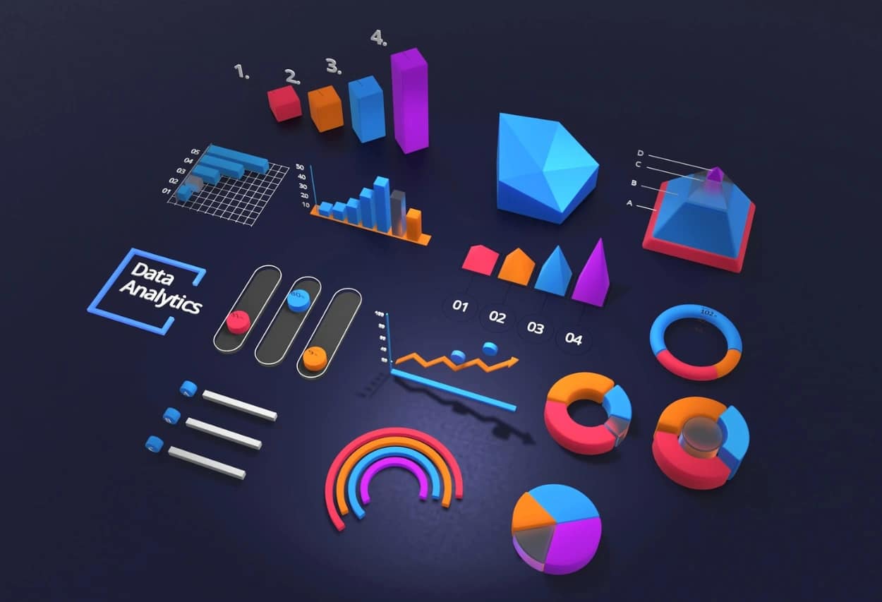 Colorful isometric illustration of data analysis and metrics, showcasing various types of charts and graphs for SEO optimization.