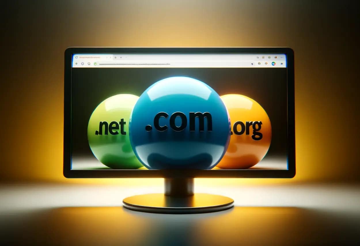 Monitor displaying top-level domains .com, .net, .org, symbolizing the selection process for domain migration.