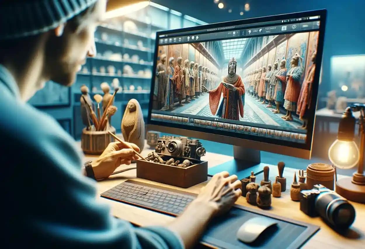 Creative professional editing a digital reconstruction of an ancient procession, merging technology with historical preservation.