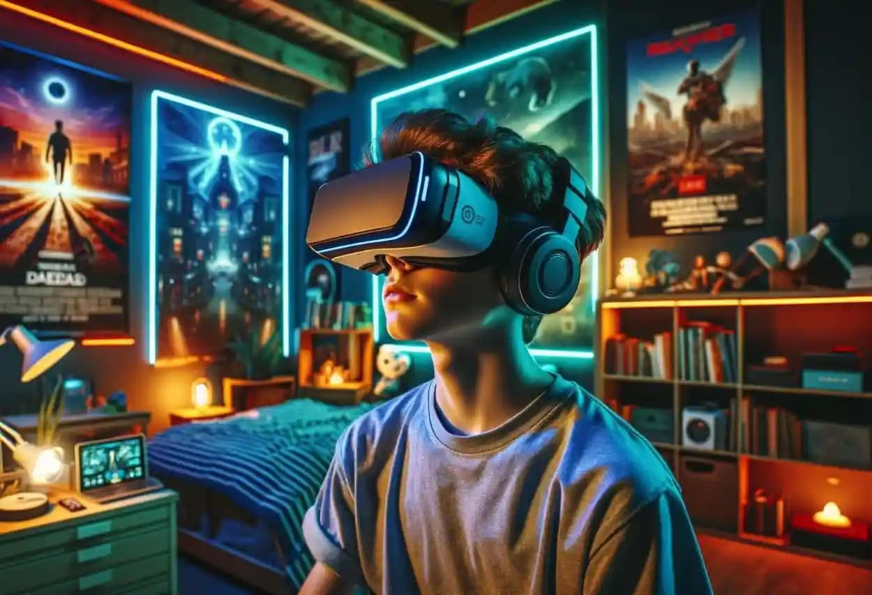 Teenager immersed in a virtual reality experience with historical themes, highlighting digital engagement in cultural heritage.