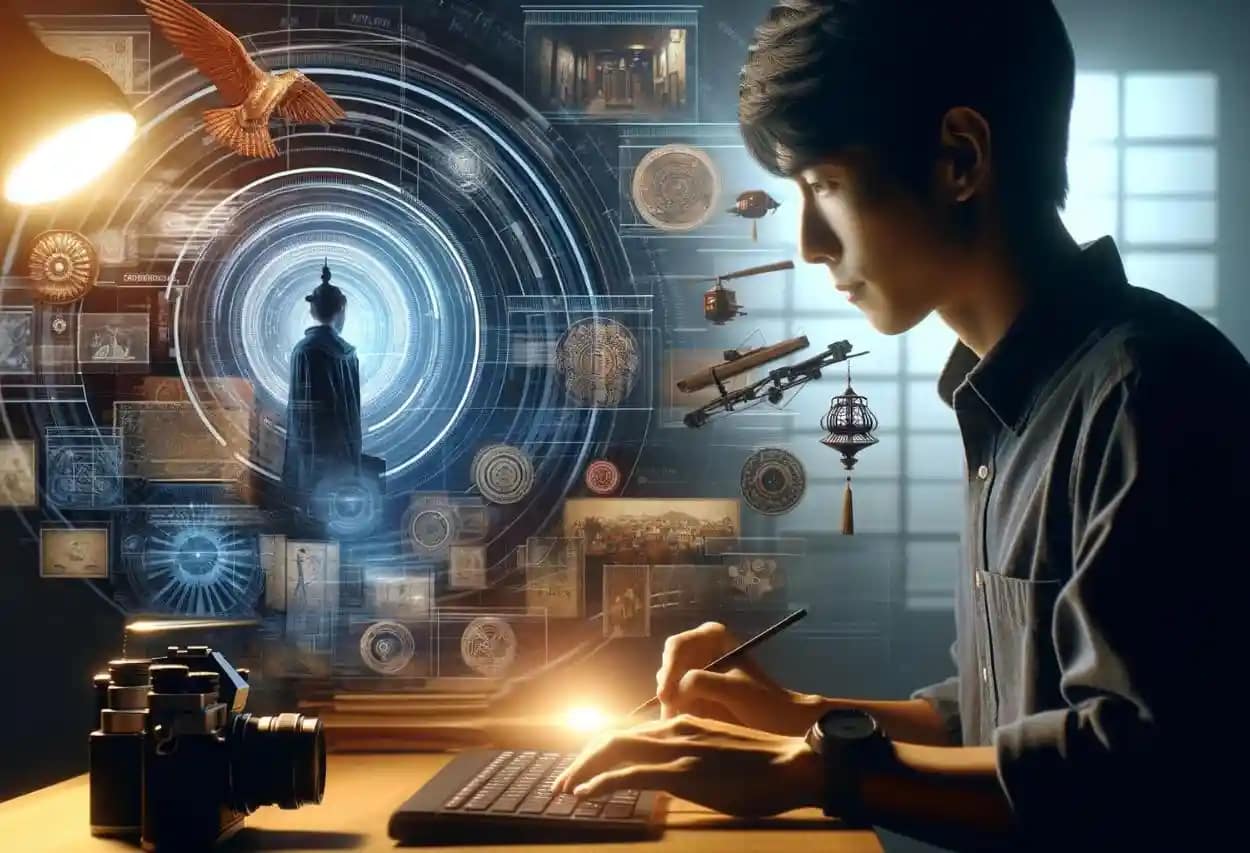 Designer analyzing a holographic interface of historical artifacts, representing the fusion of technology and archaeology.