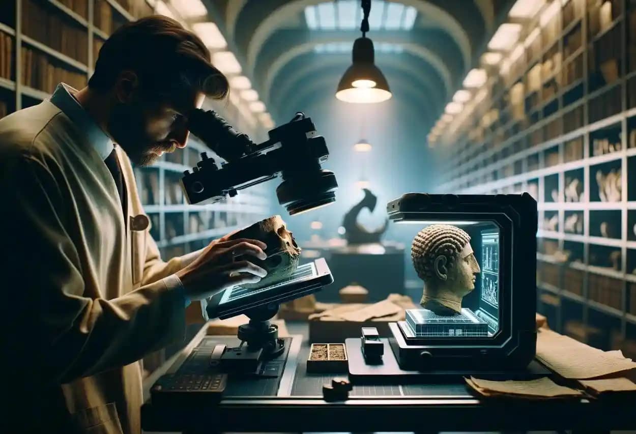 Scientist examining ancent relics through a digital microscope, atempting to 3D replicate the artefact for preservation on cultural heritage in the digital era.
