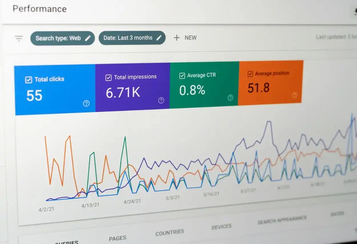 Performance metrics and SEO analytics on a laptop screen