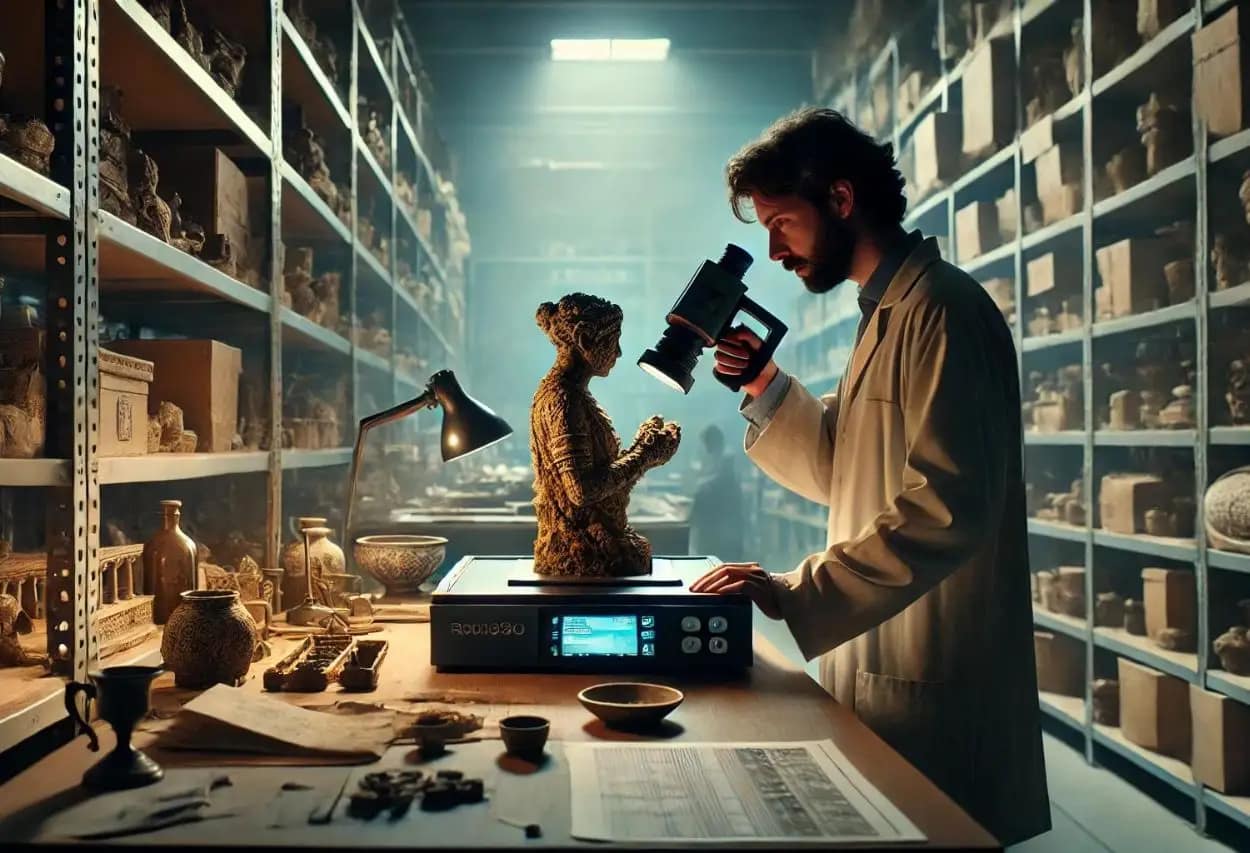 Museum curator examining an ancient artifact under a microscope to enhance museum SEO through detailed research and documentation.