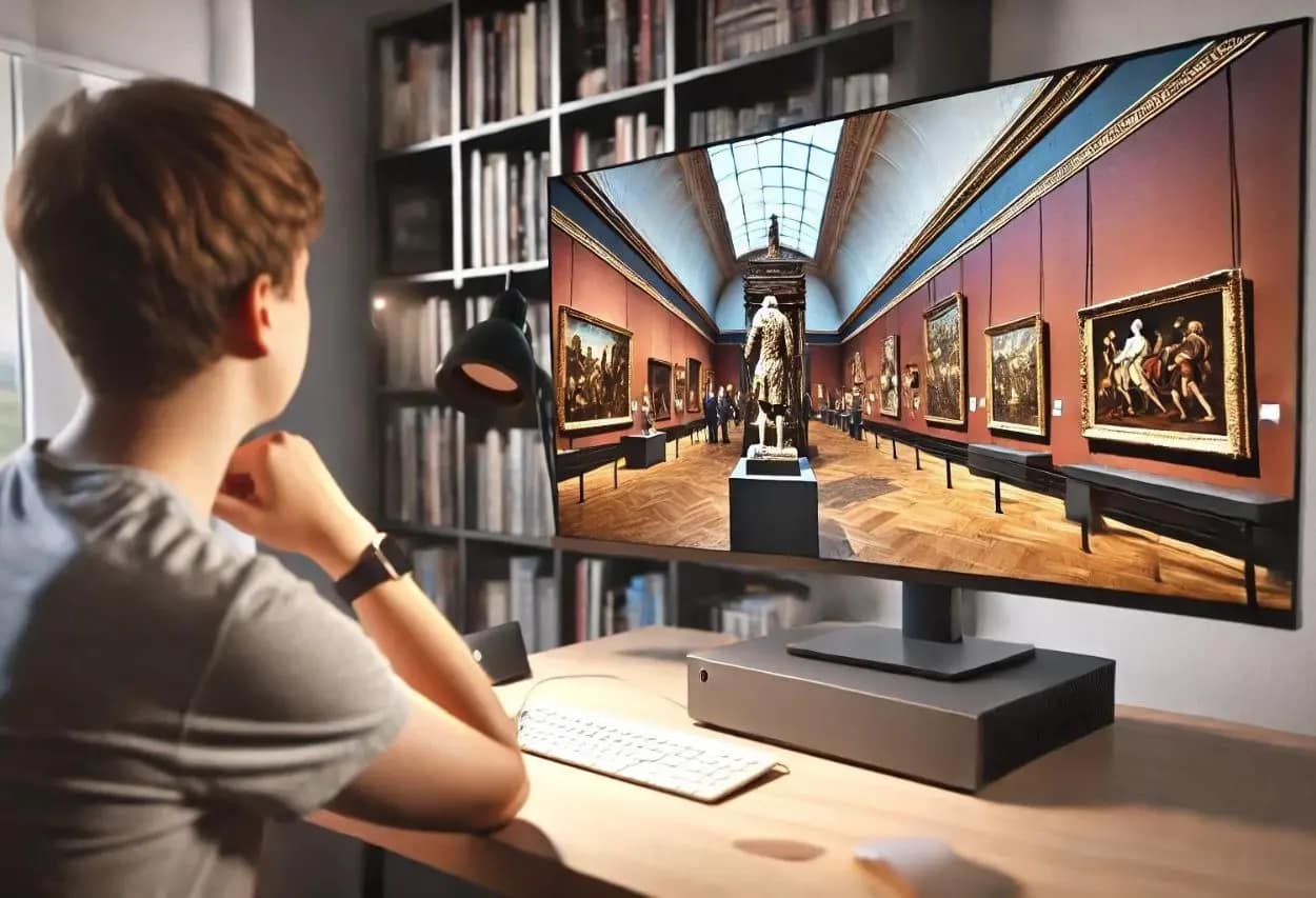 Young boy exploring a virtual museum exhibit on a computer, demonstrating the role of museum SEO in increasing online visibility for cultural institutions.