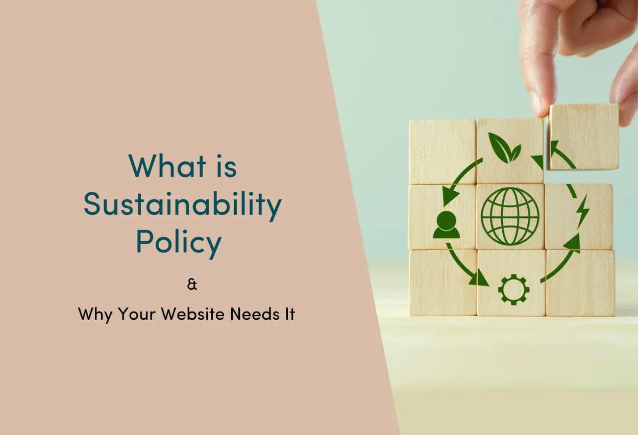 Introduction to sustainability policy and its importance for websites, featuring renewable energy and environmental impact graphics.