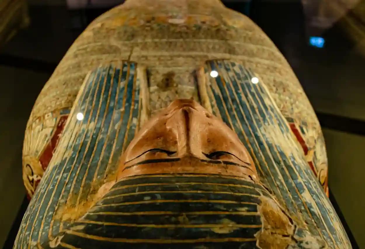 Ancient Egyptian sarcophagus displayed in a museum exhibit — a focus of SEO for museums aiming to promote cultural heritage collections