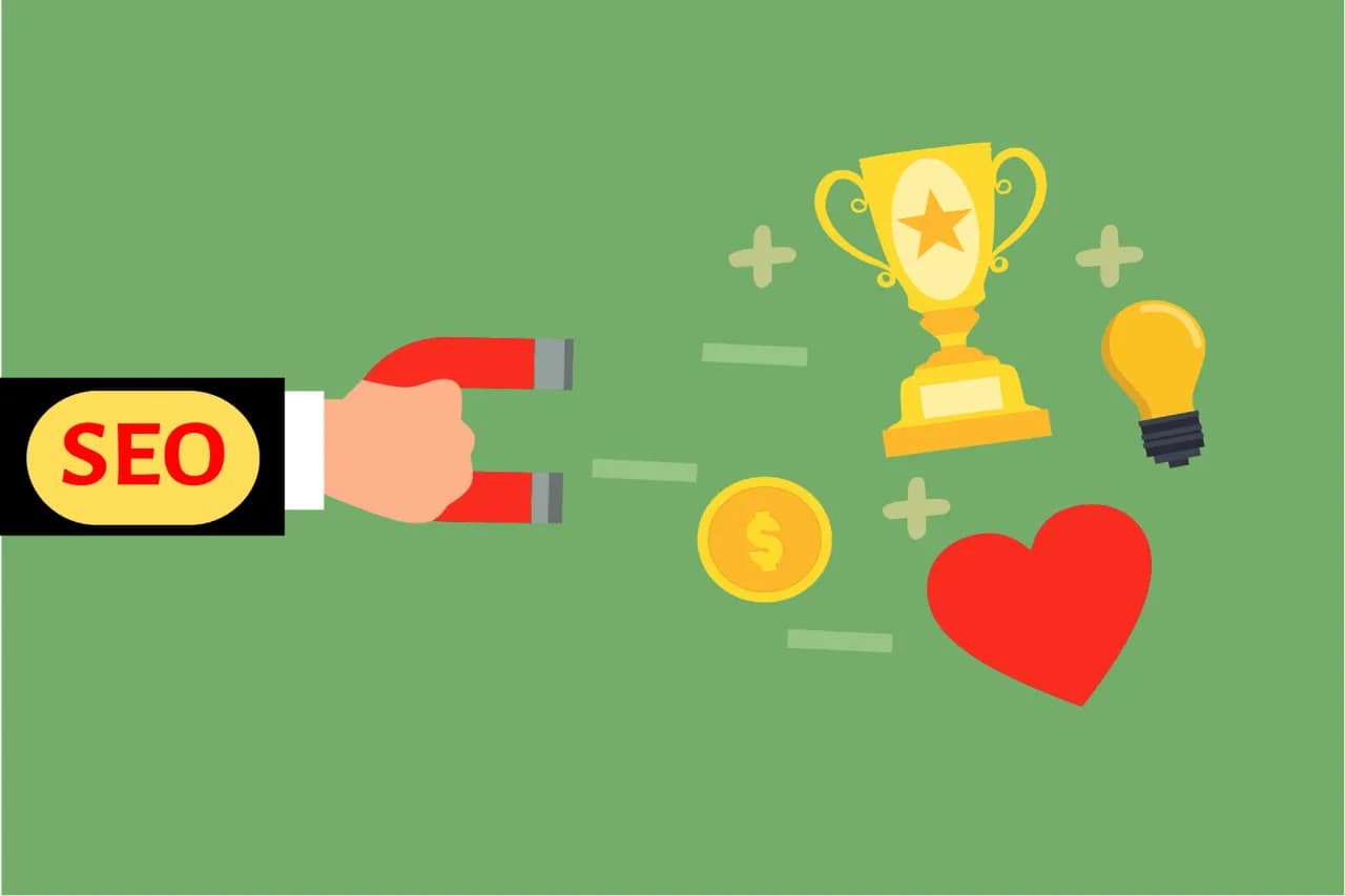 An SEO hand holding a magnet that attracts conversions, success and audience engagement