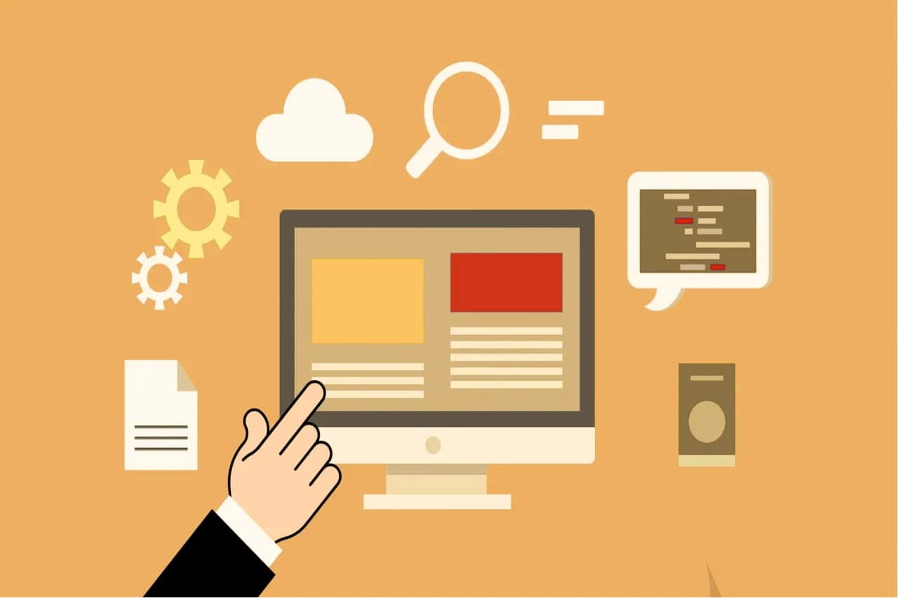 Graphic of a hand pointing on a website that needs SEO on a yellow background