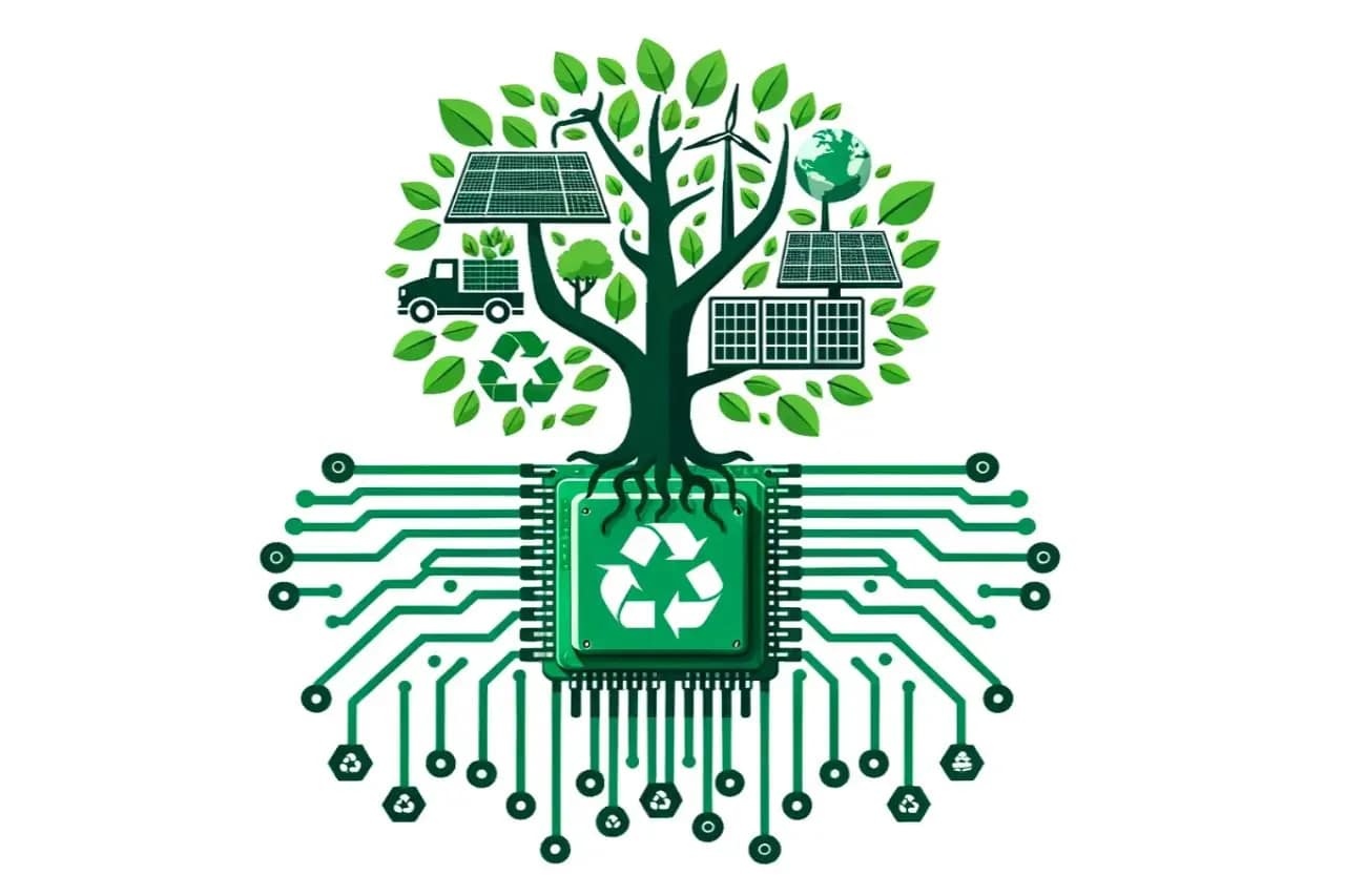 Vector image of a tree with recycling sign as roots and solar panels and windmills as fruit on the branches as symbolic presentation of green marketing ROI