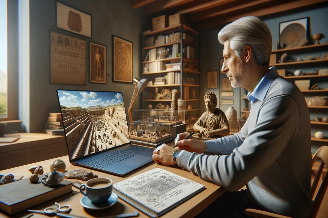 A middle-aged white man engaged in a virtual museum tour from his home office