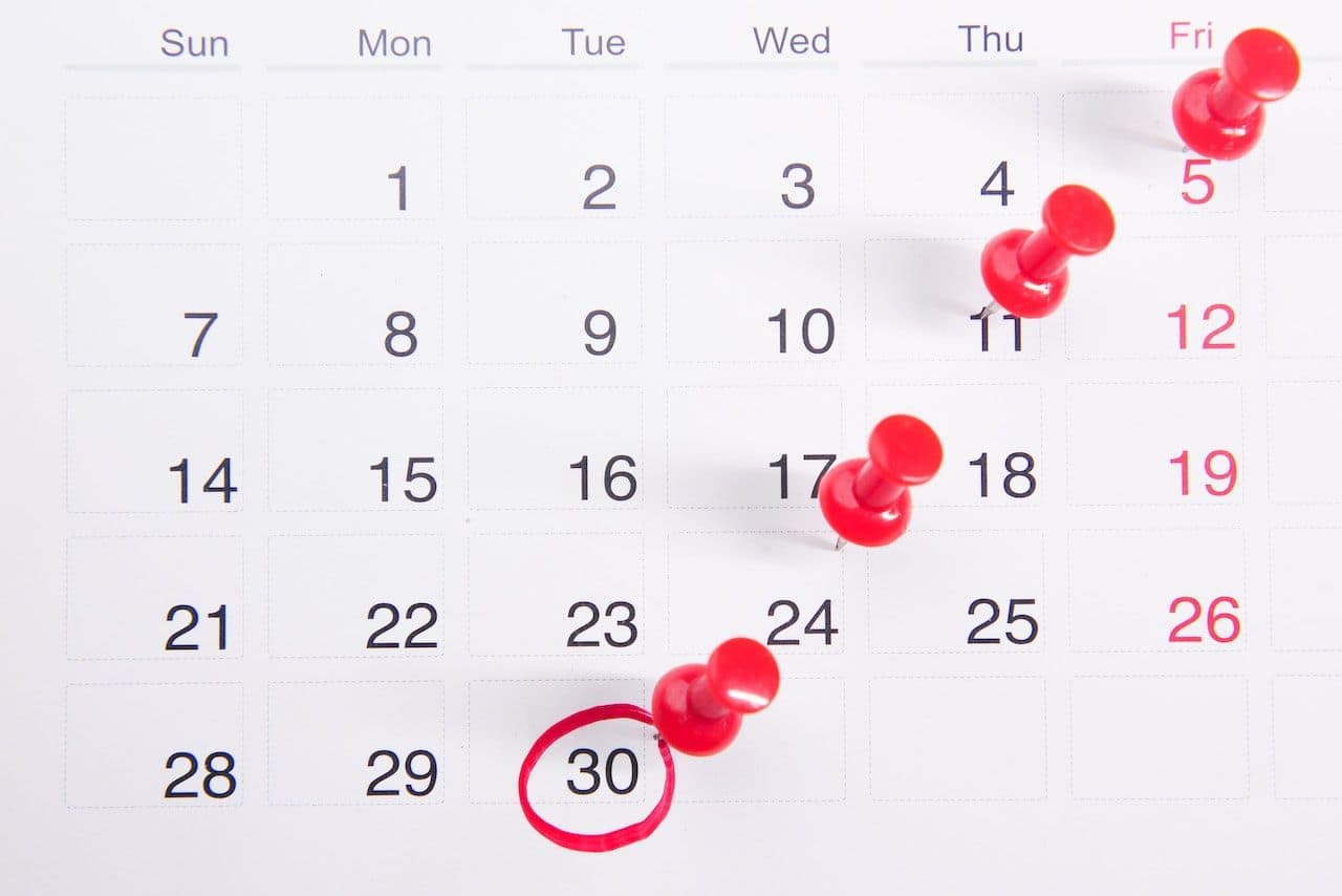 E-commerce marketing calendar highlighting a major sales date, with red pins marking important seasonal SEO milestones
