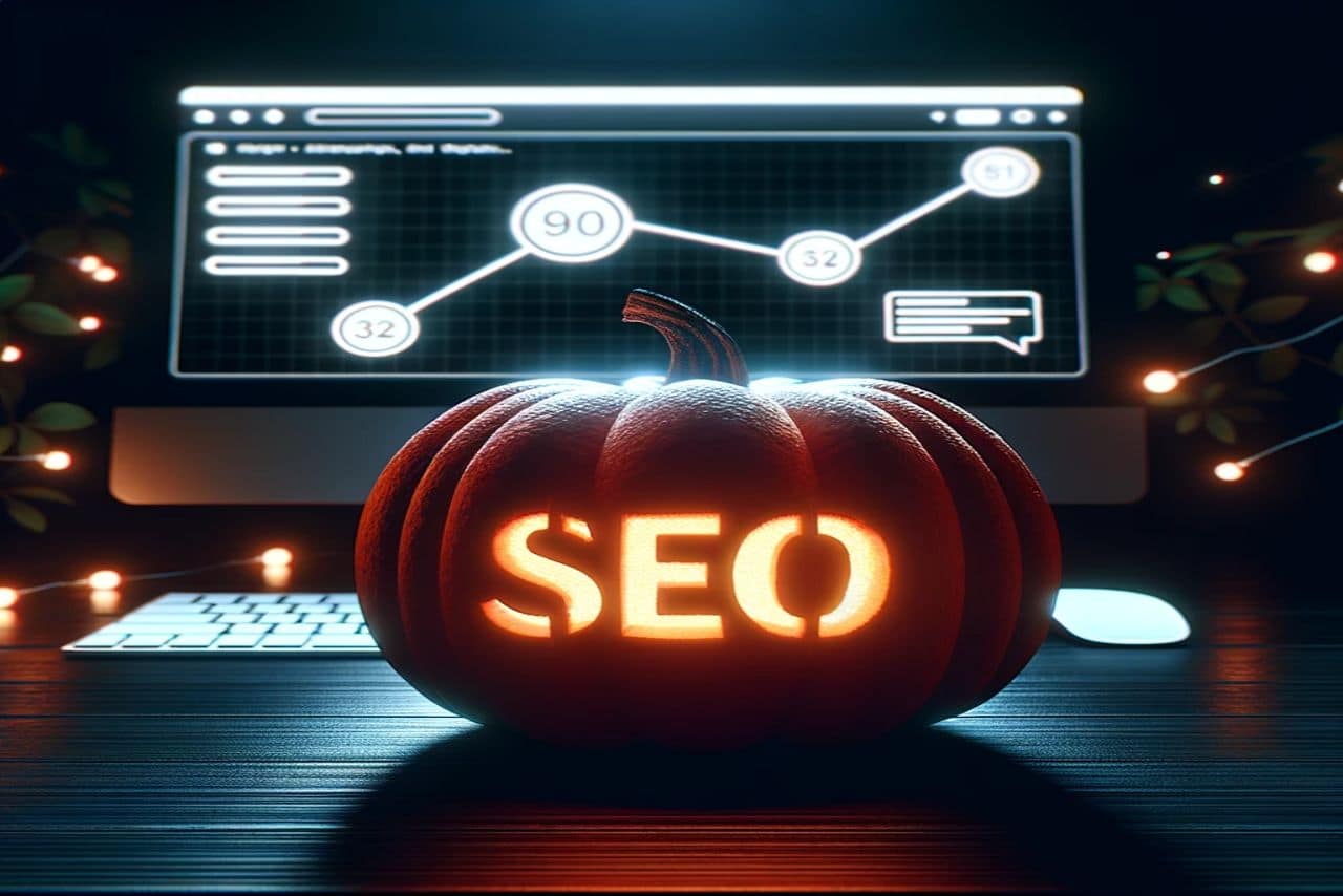 Carved pumpkin with SEO glowing on a dark desk with a computer displaying analytics graphs, representing seasonal SEO strategies for e-commerce.