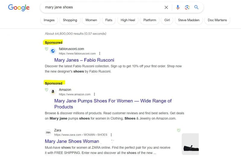 Search engine results showcasing e-commerce Mary Jane shoes Google advertizing options