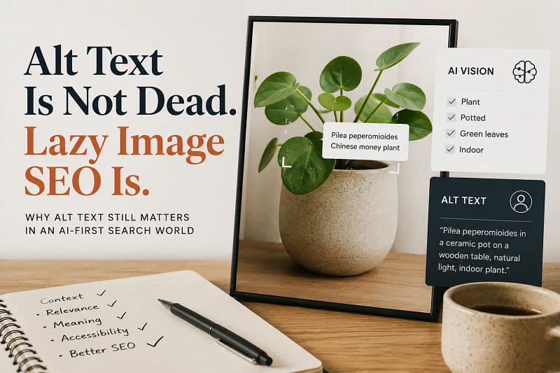 Illustration showing AI image recognition alongside contextual alt text for image SEO and accessibility.